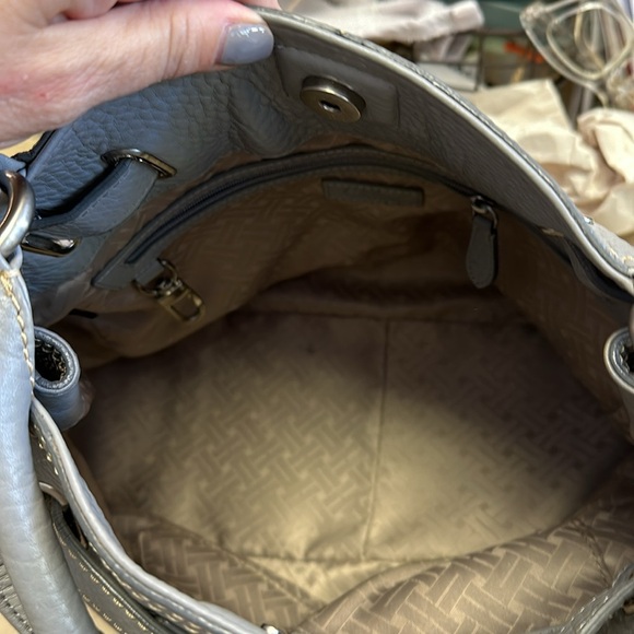 COLE HAAN LEATHER BUCKLE SHOULDER BAG IN GRAY pebbled leather - Picture 9 of 11